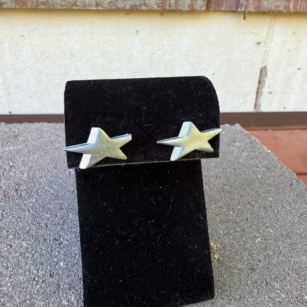 Vintage Brutalist Silver Tone Star Studs Dimensional Celestial Post Earrings
